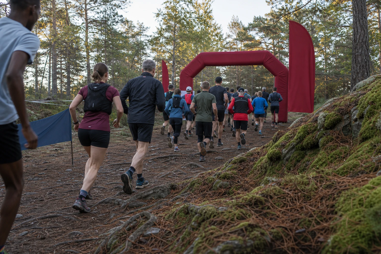 Löpare uppför en stig i barrskog