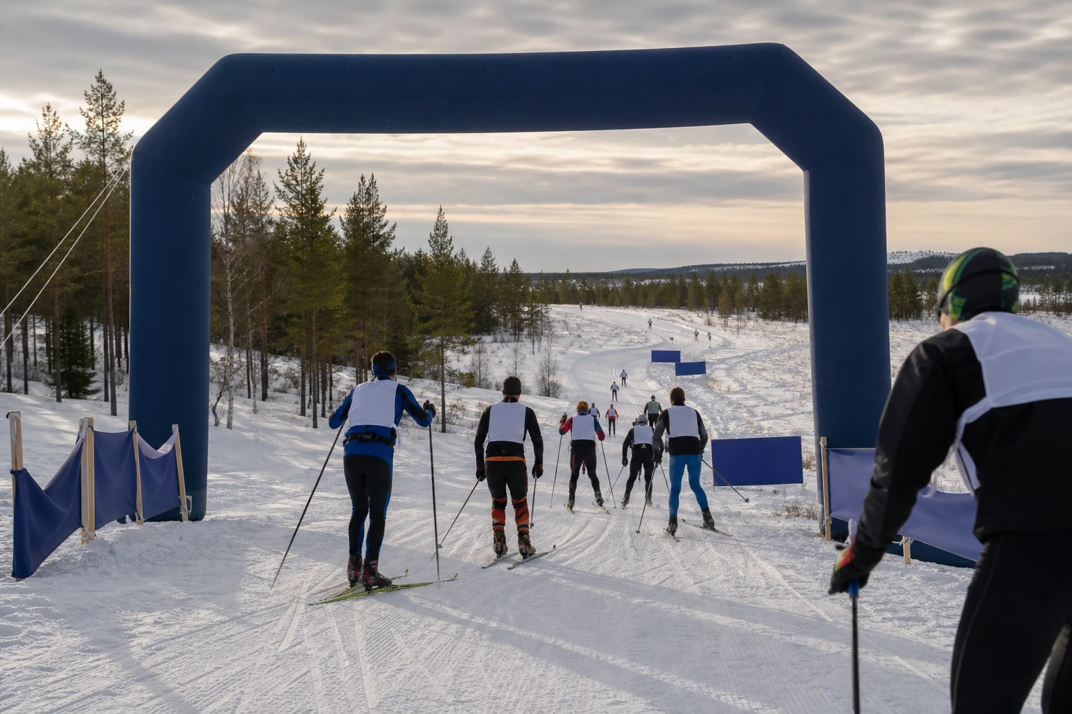 Längdspår genom snötyngd skog i gryningsljus