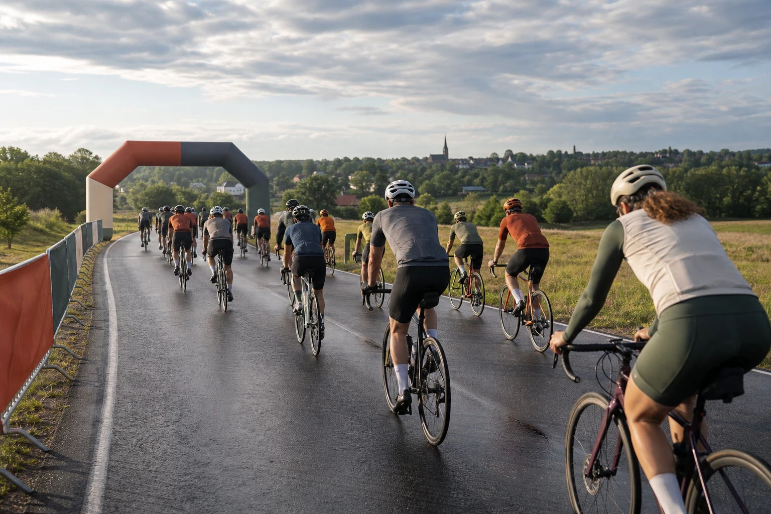 Cyklister två och två längs en väg i öppet jordbrukslandskap