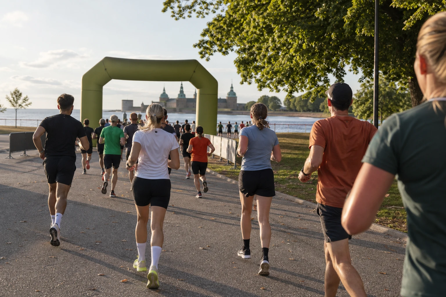 Tätt startfält av motionslöpare på asfalt
