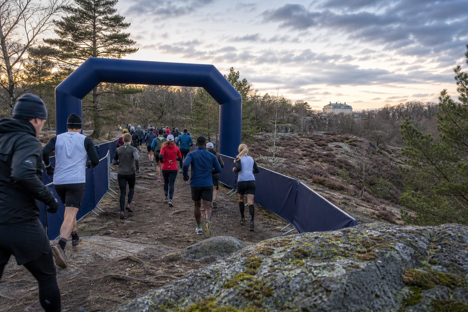 Terränglöpare på en smal skogsstig med rötter och löv