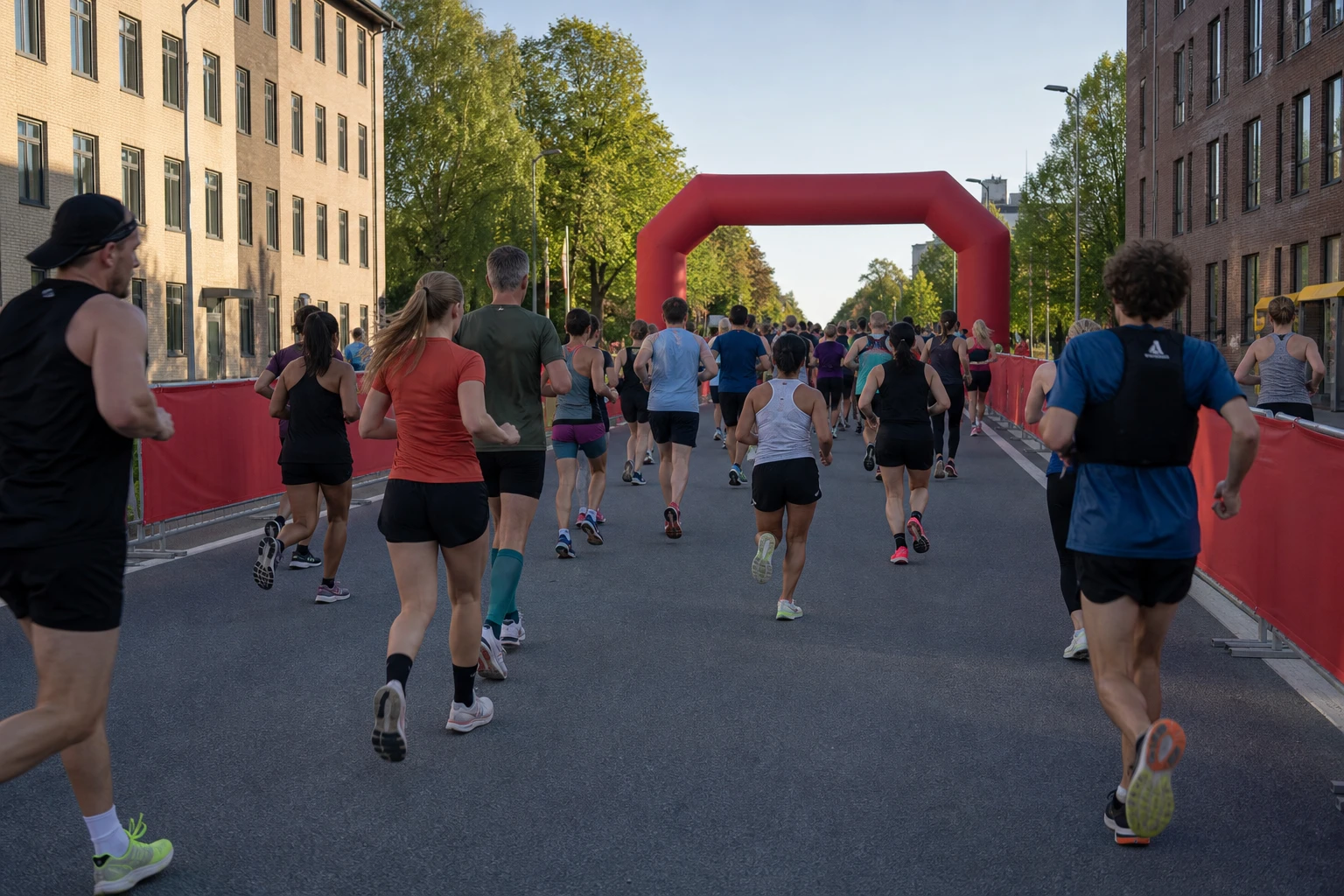 Tätt startfält av motionslöpare på asfalt