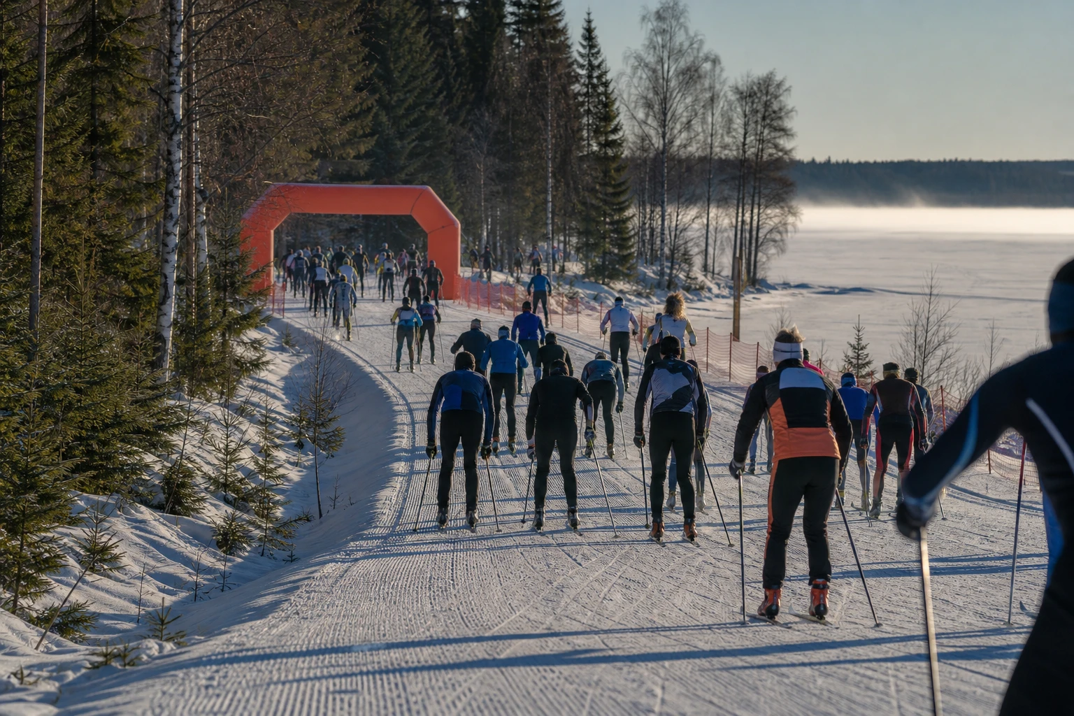 Längdspår genom snötyngd skog i gryningsljus