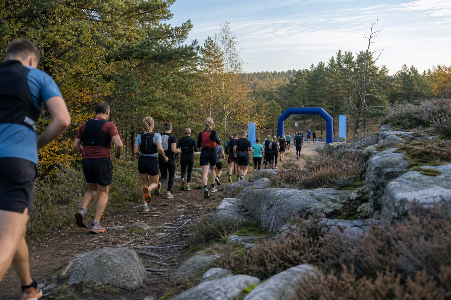 Terränglöpare i motljus mellan björkstammar