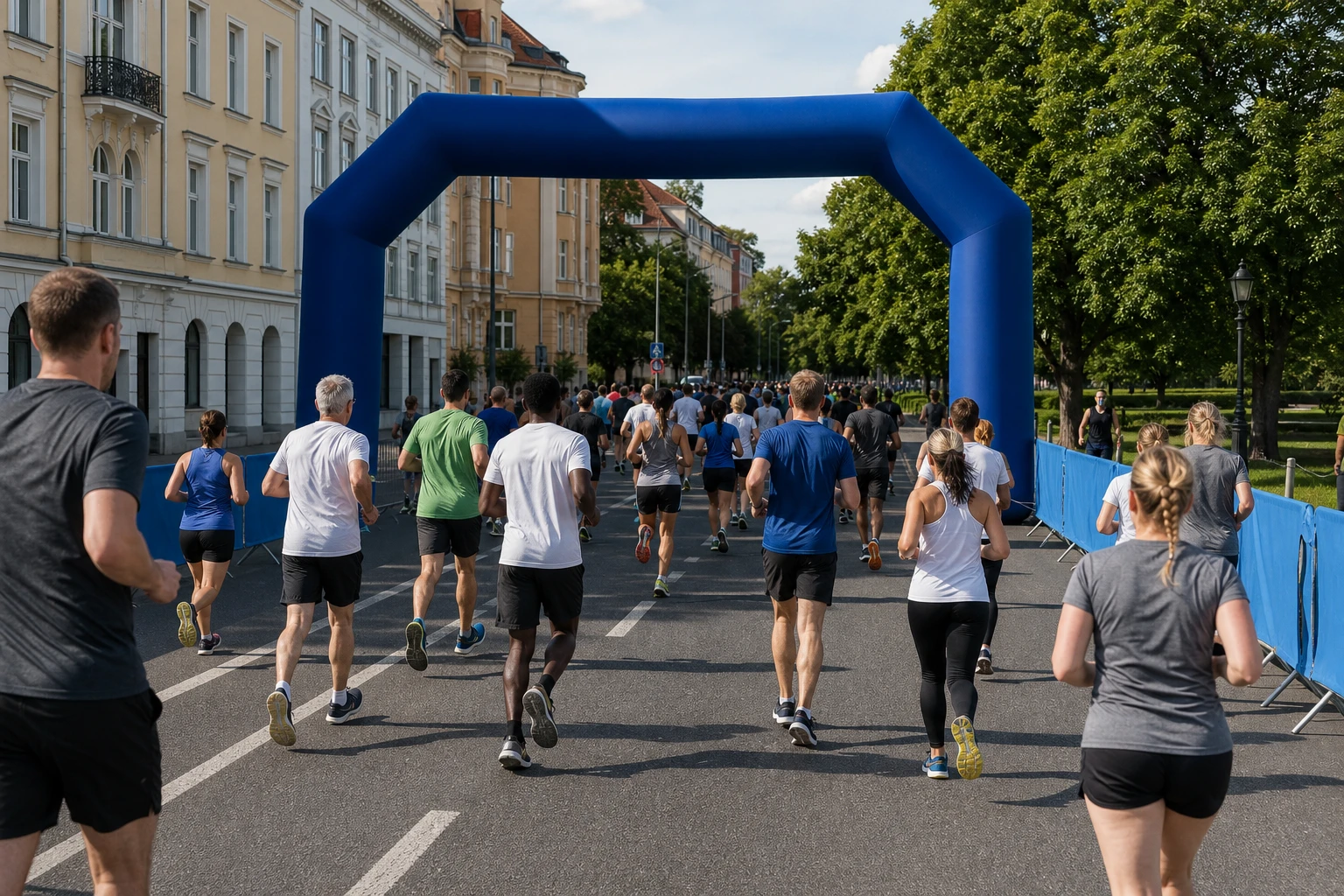 Löpare med startnummer på en avspärrad stadsgata