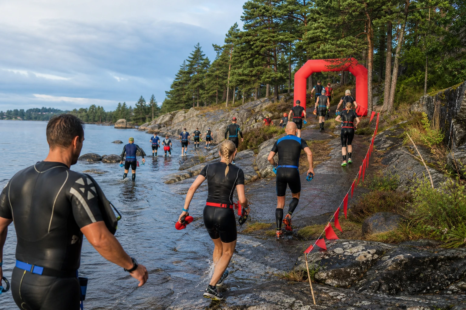 Par i våtdräkt över klippor mellan två simsträckor