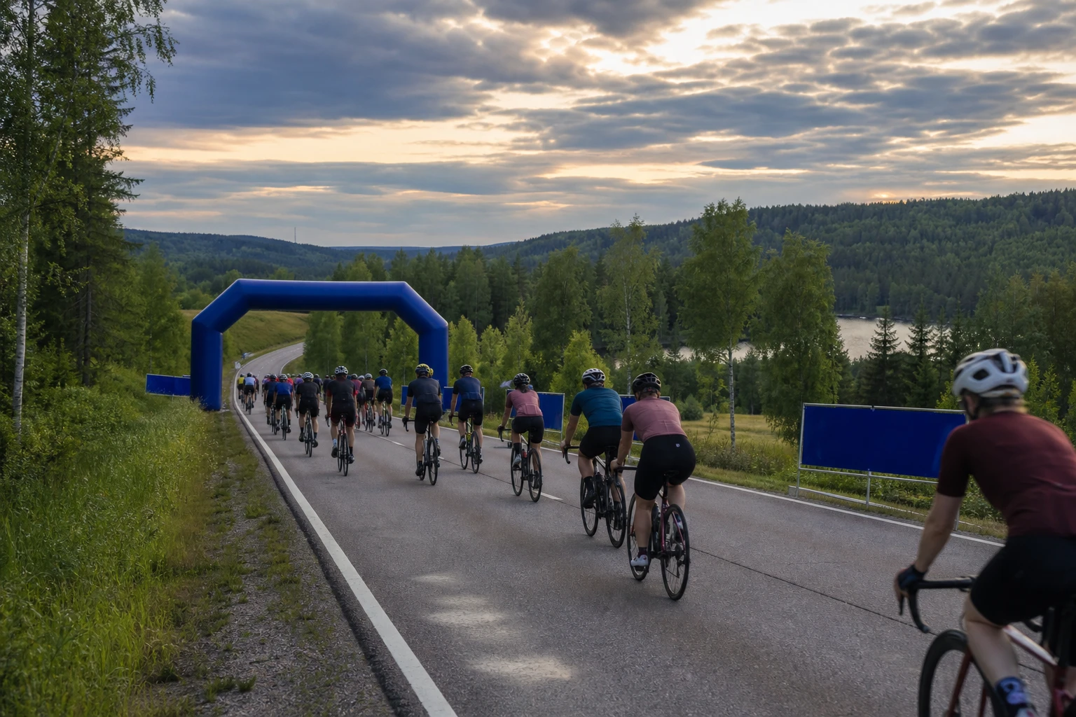 Cyklister i motljus på en rak landsväg