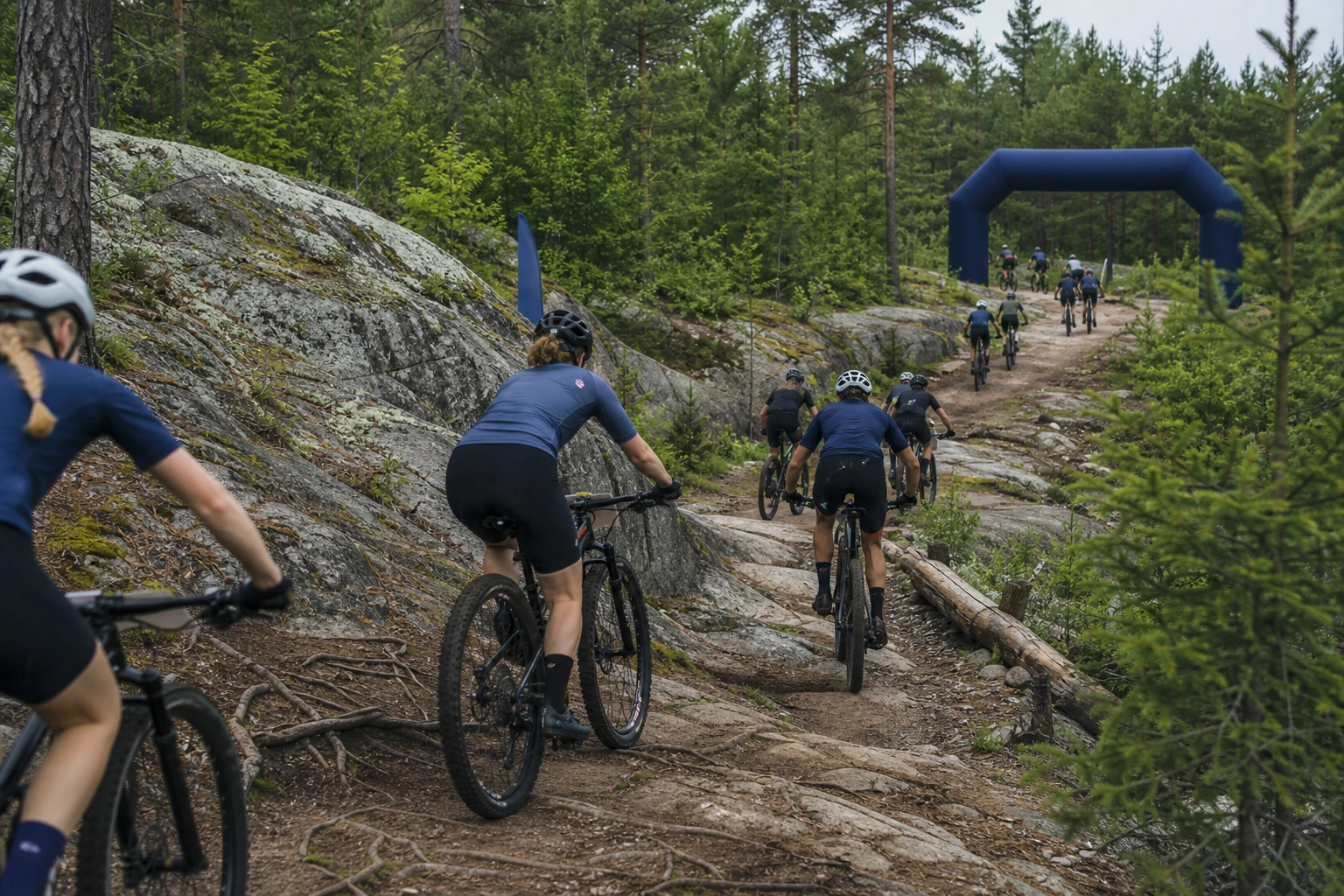 Cyklist på en teknisk stig mellan stenblock