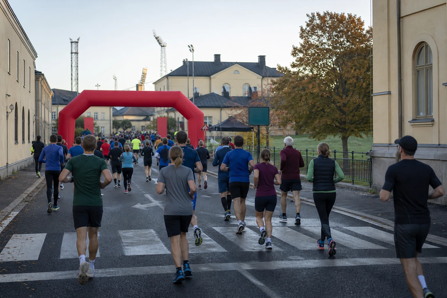 Löpare med startnummer på en avspärrad stadsgata
