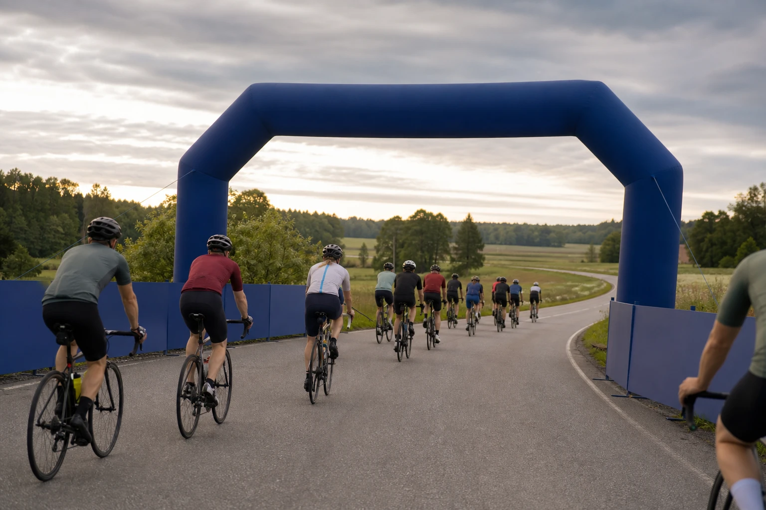 Motionscyklister i grupp på en landsväg