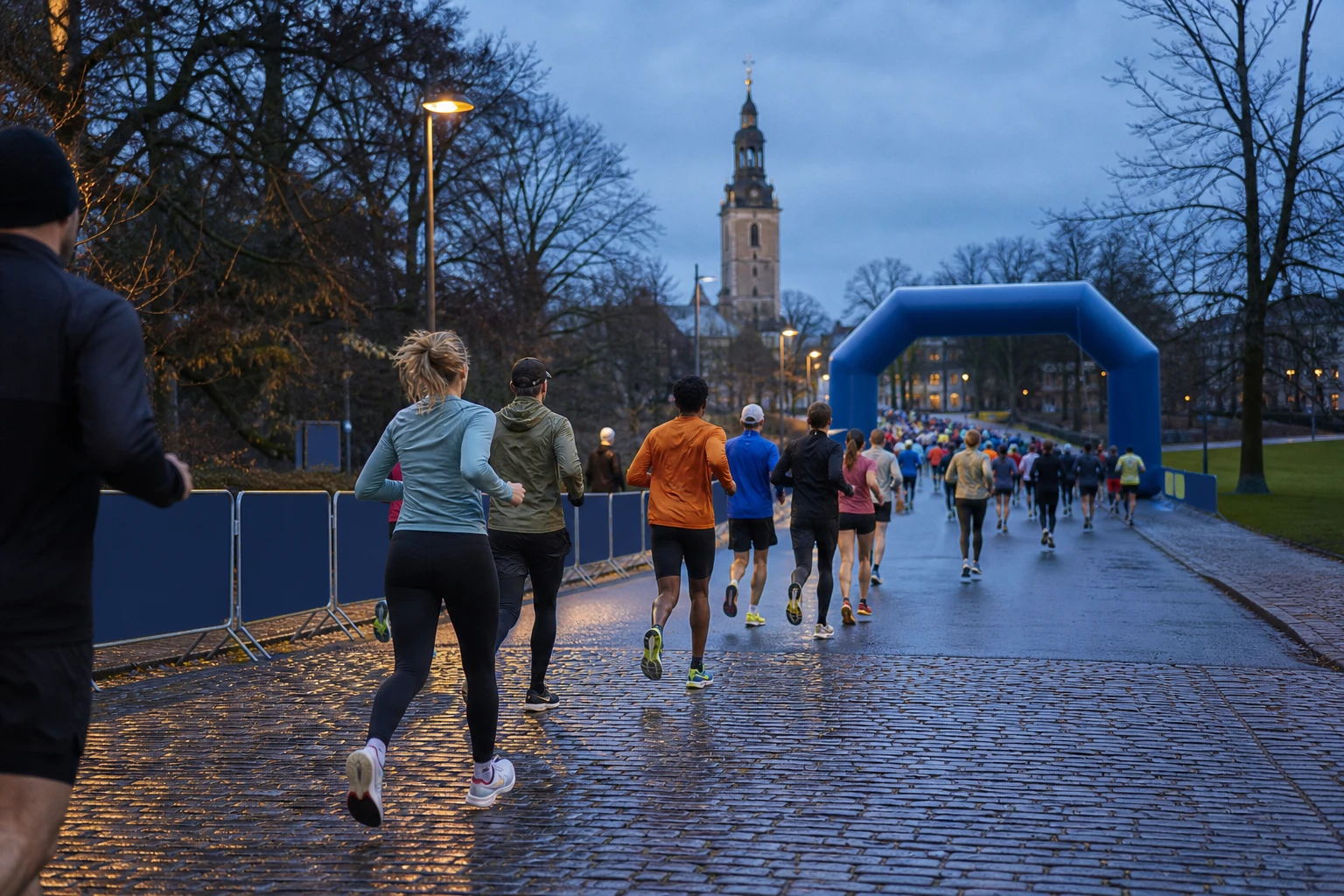 Löpare med startnummer på en avspärrad stadsgata