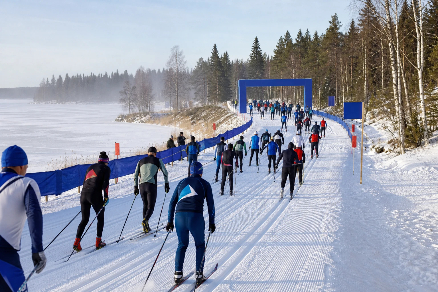 Längdskidåkare i klassiskt spår genom granskog