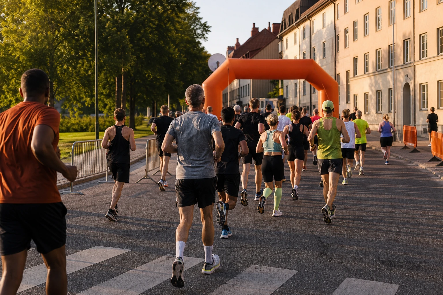 Startfält på väg genom en stadspark i höstljus
