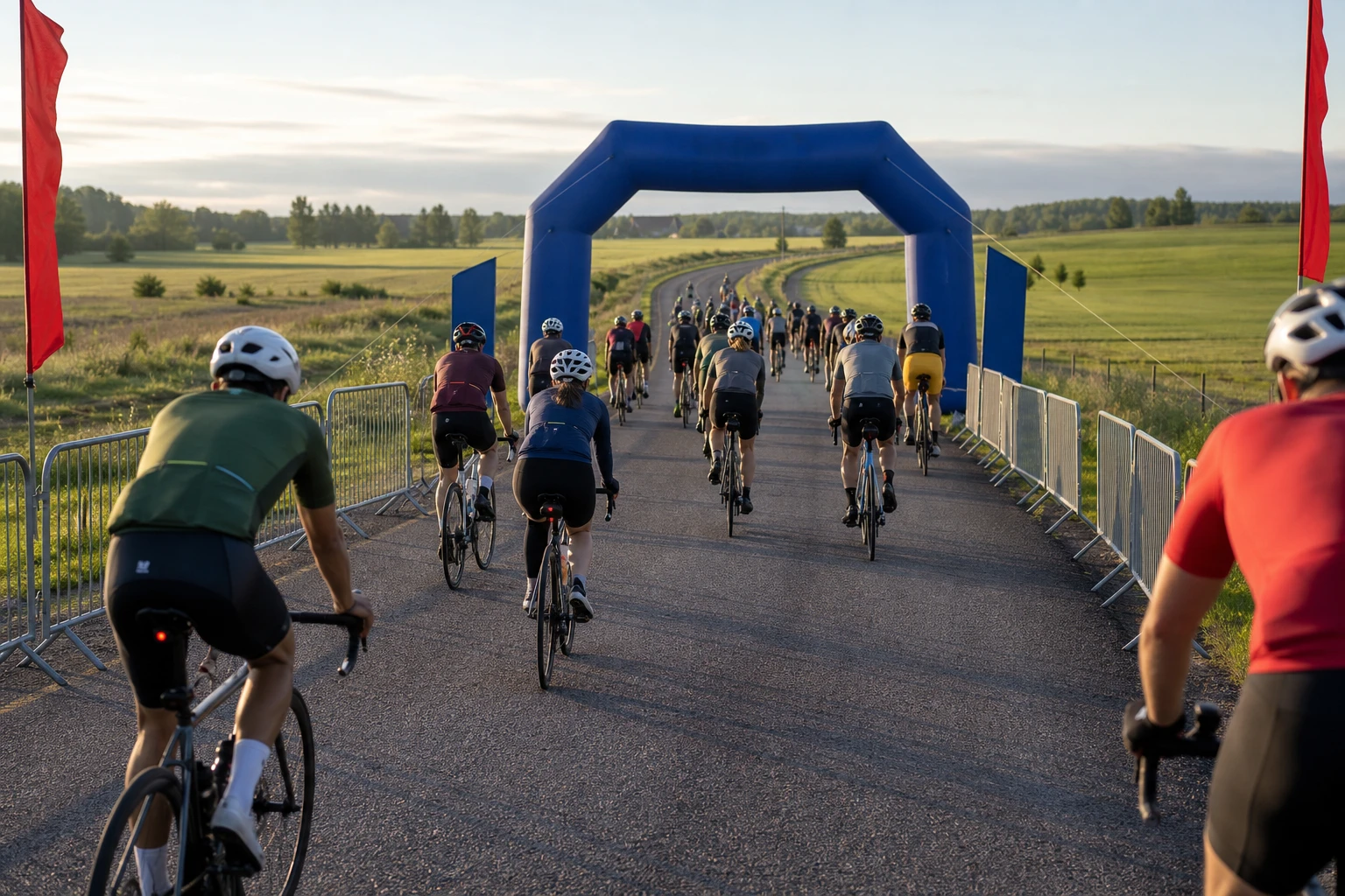 Motionscyklister i grupp på en landsväg