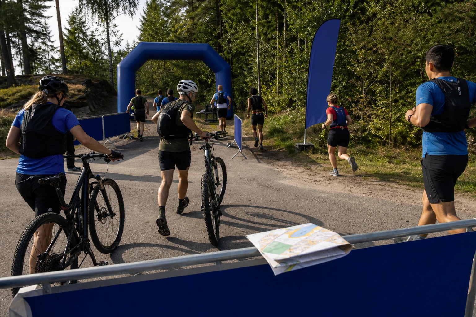 Deltagare med karta och ryggsäck i öppen terräng