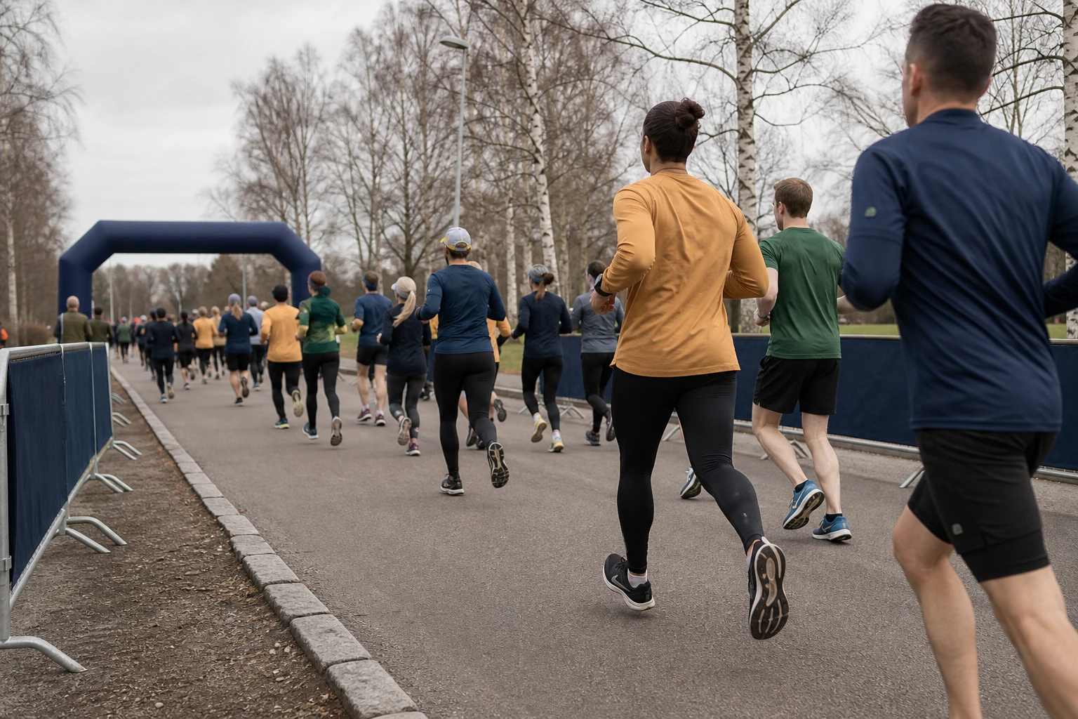 Startfält på väg genom en stadspark i höstljus