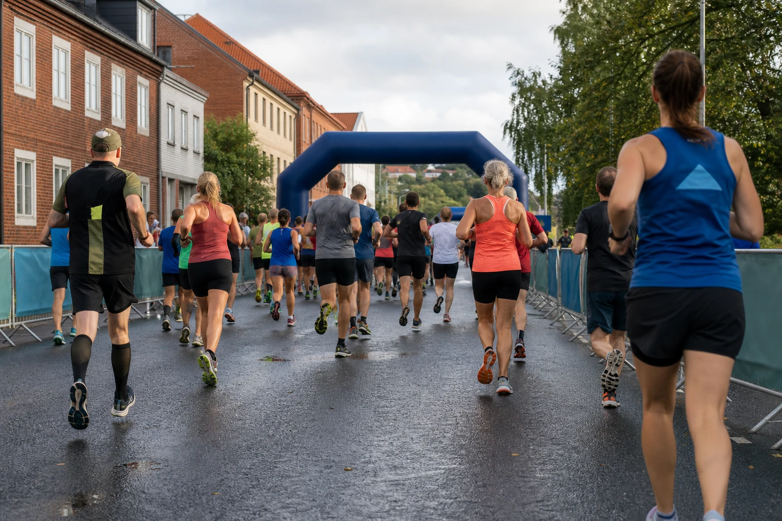 Löpare i klunga längs en gata med publik bakom staket
