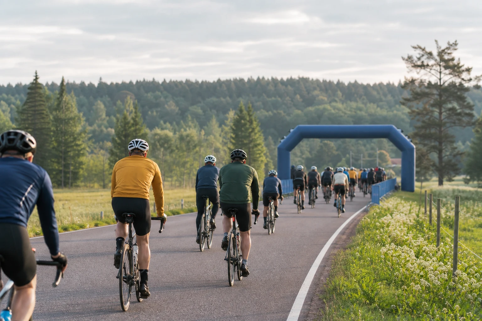 Cyklister i motljus på en rak landsväg
