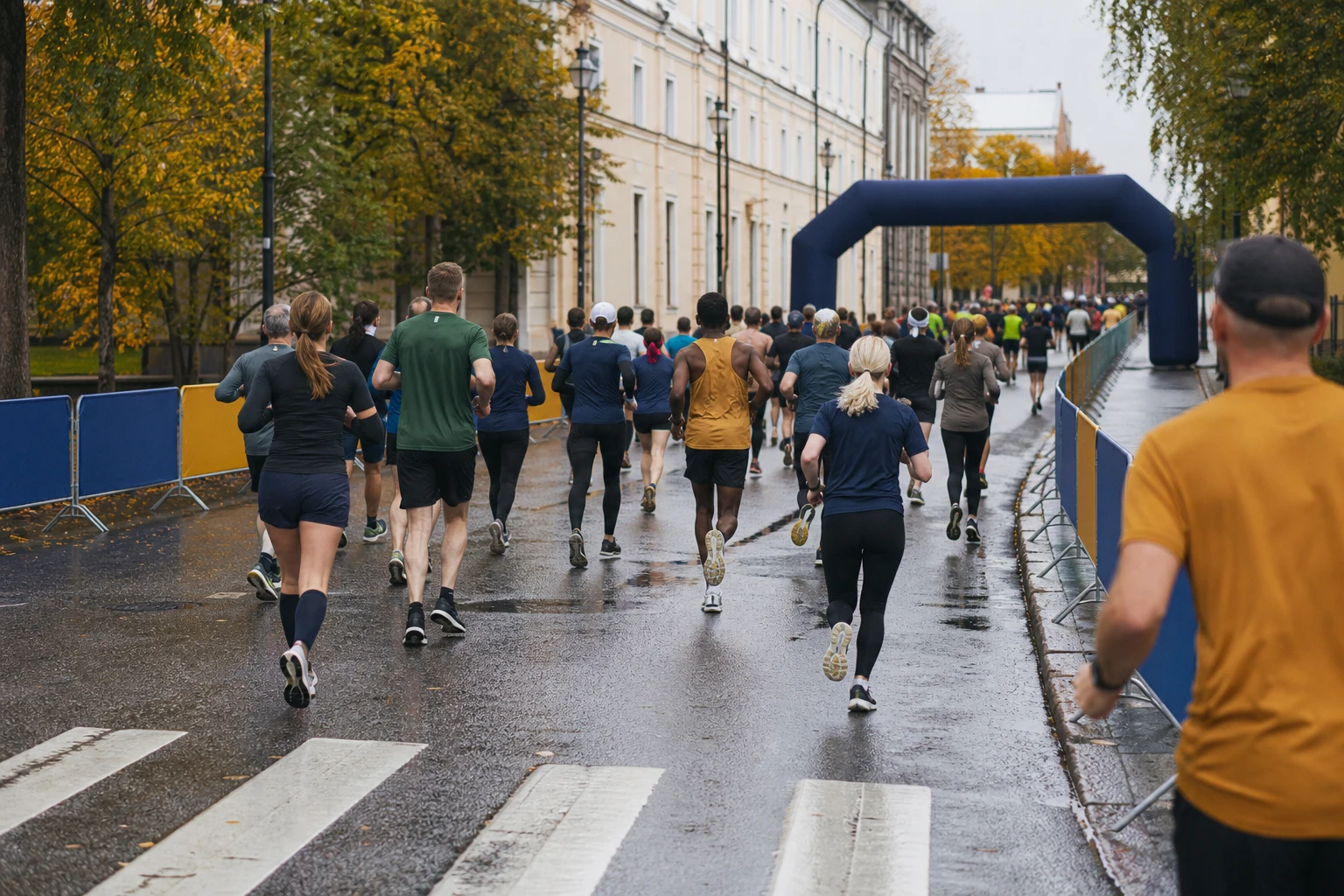 Startfält på väg genom en stadspark i höstljus