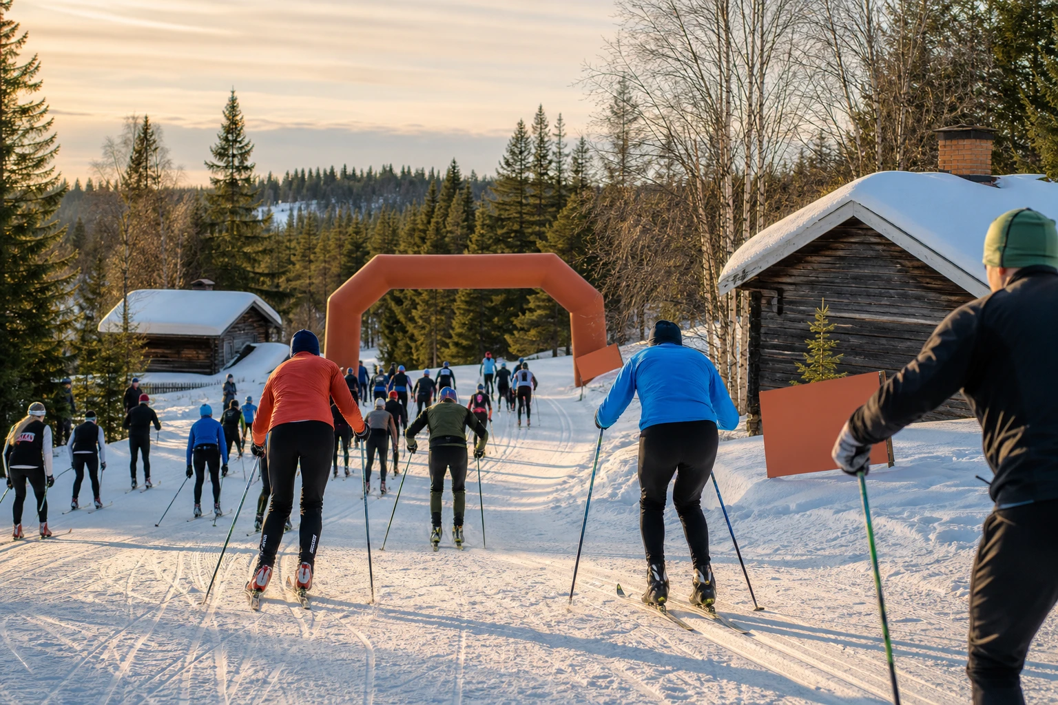Längdskidåkare i klassiskt spår genom granskog