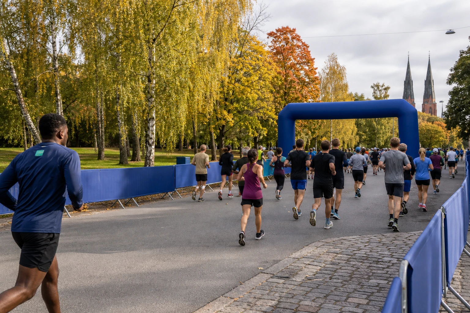 Startfält på väg genom en stadspark i höstljus