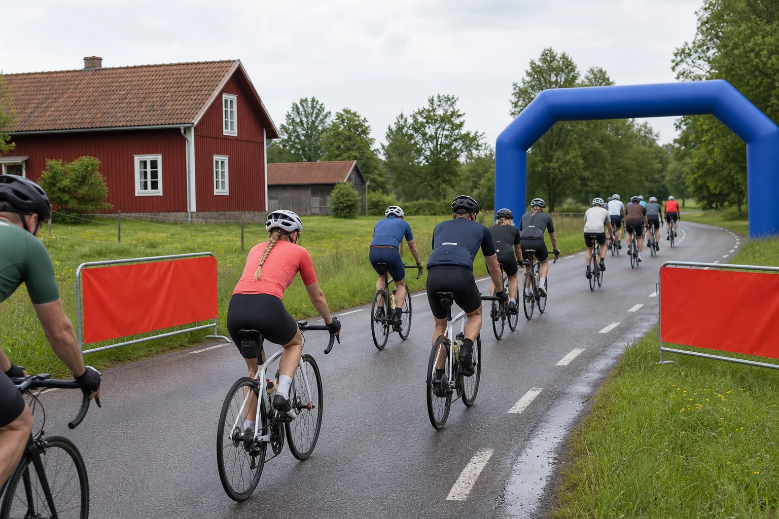 Cyklister två och två längs en väg i öppet jordbrukslandskap