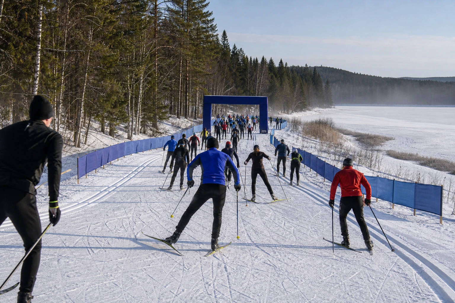 Längdskidåkare i klassiskt spår genom granskog