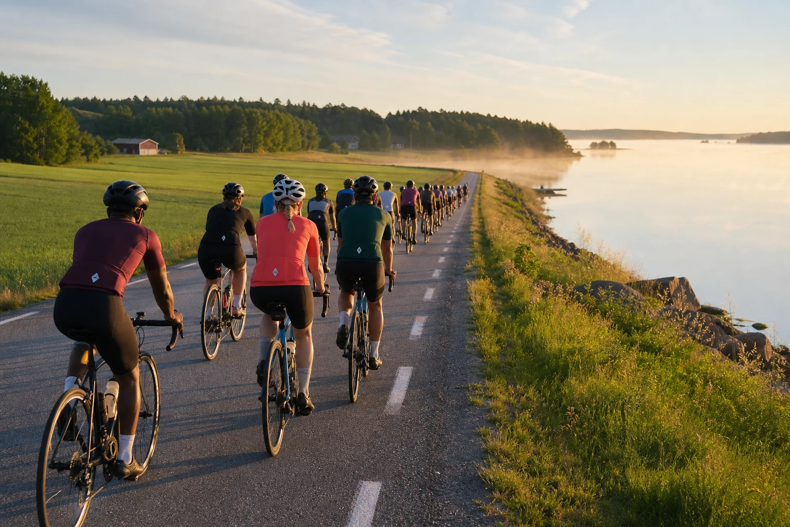 Cyklister i motljus på en rak landsväg