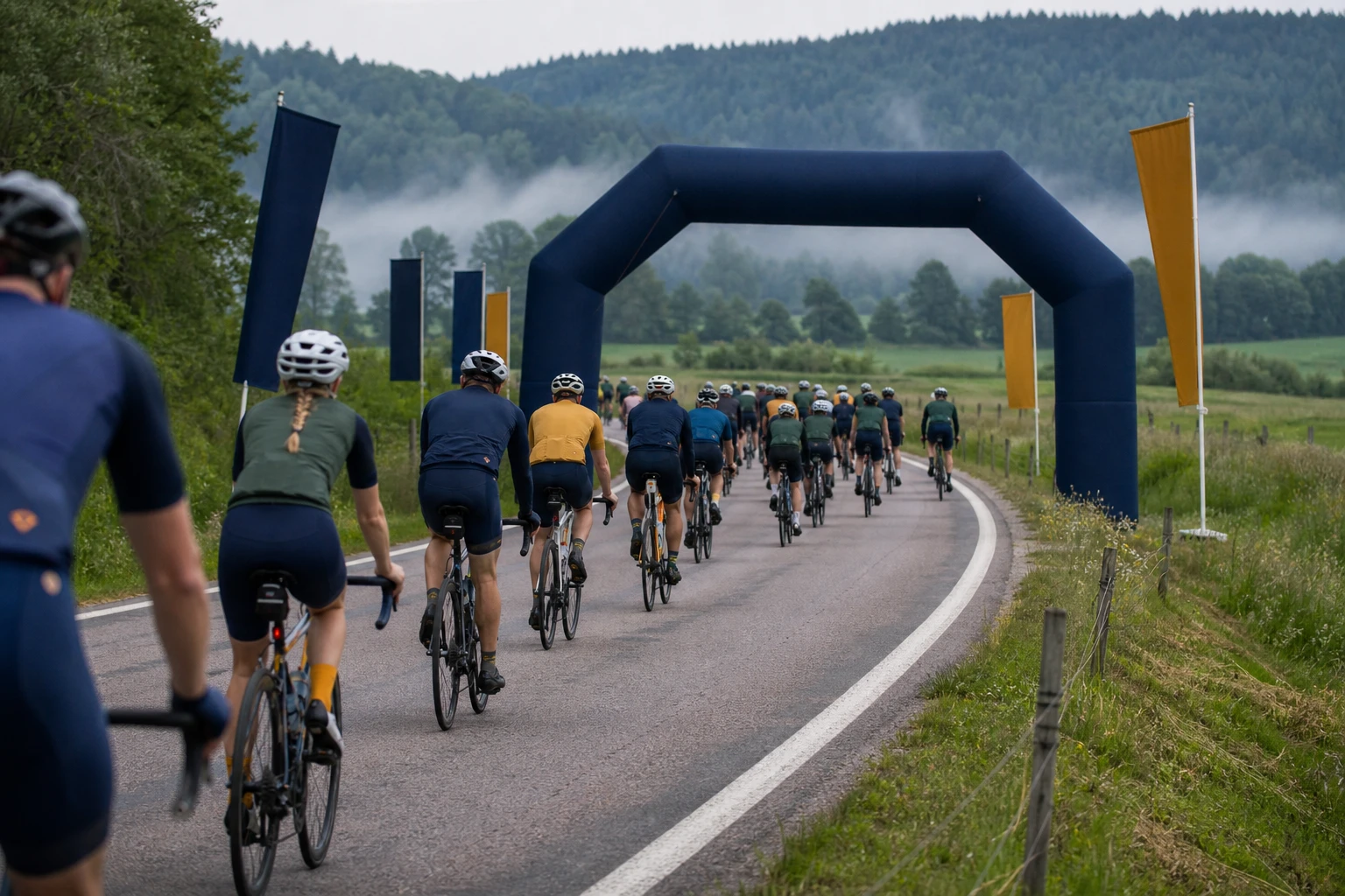 Motionscyklister i grupp på en landsväg
