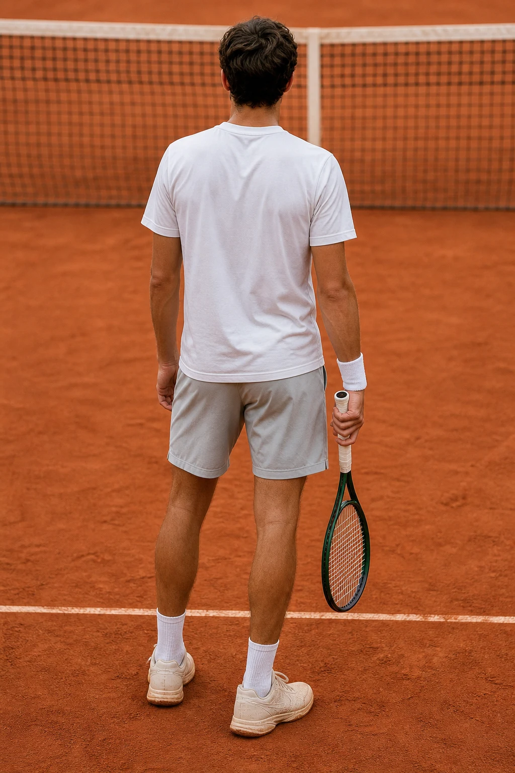 Tennisspelare bakifrån på en grusbana